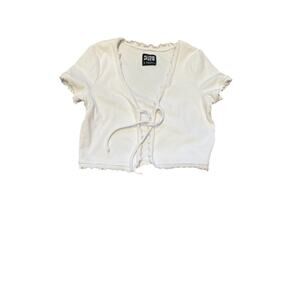 ALAB White Short Sleeve Tie Front Crop Top Women's Size S Ruffle Hem Y2K